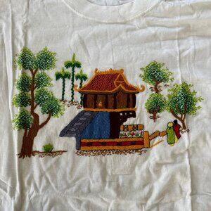 Vintage Handmade Embroidered Vietnam Village Life Scenes Tableau T-Shirts Sz L